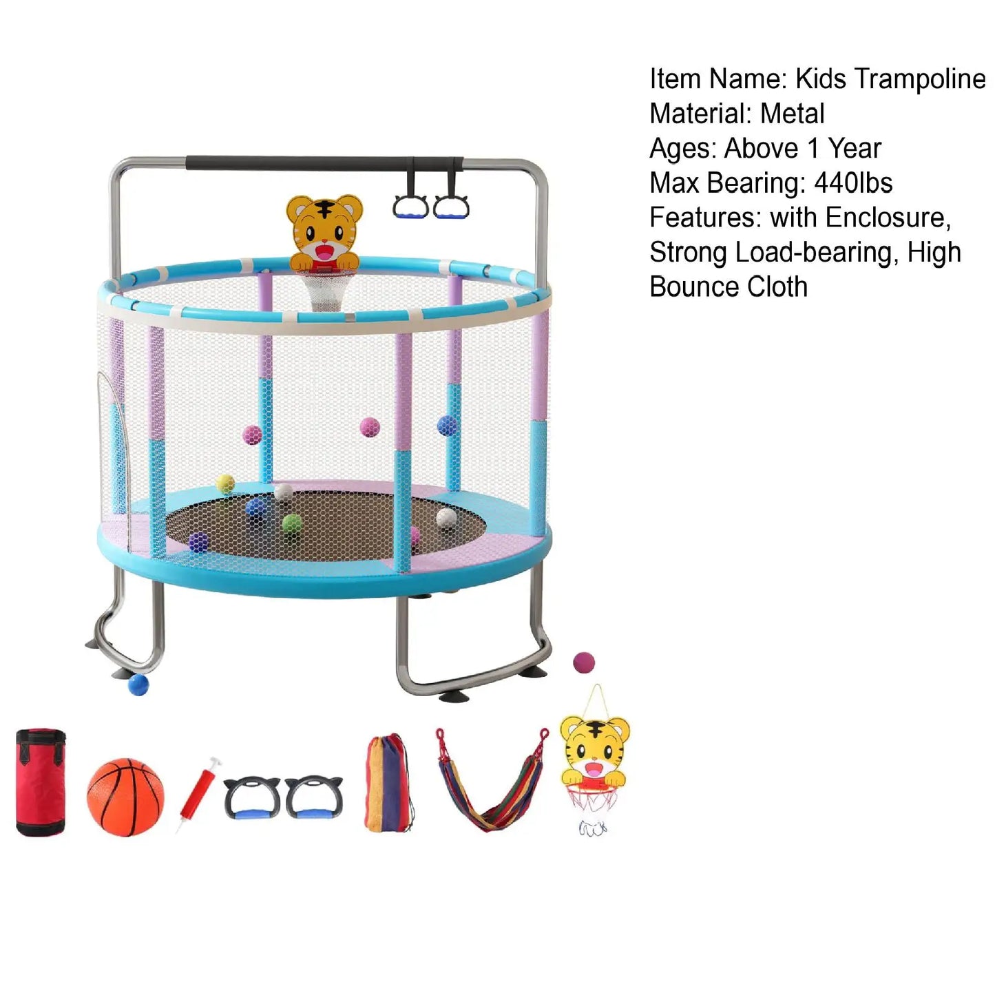 5FT Kids Trampoline, Adjustable Baby Toddler Trampoline with Basketball Hoop, Swing, Sandbag, Ocean Balls