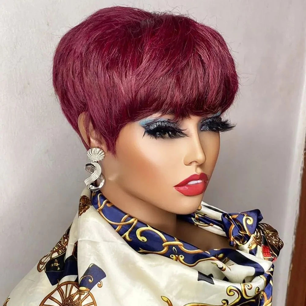 Short Pixie Cut Wig / Human Hair / For Black Women / Machine Made Wigs With Bangs / Colored Brazilian Wig / Human Hair Wigs