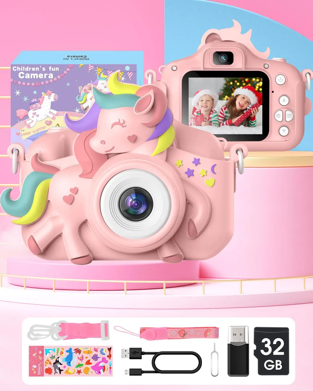 2.0" Kid's Camera 20MP 1080P HD / Toddle Selfie Camera / Cute Cartoon Digital Camera Toy / 32GB Card / Rechargeable / Gift For Girls & Boys