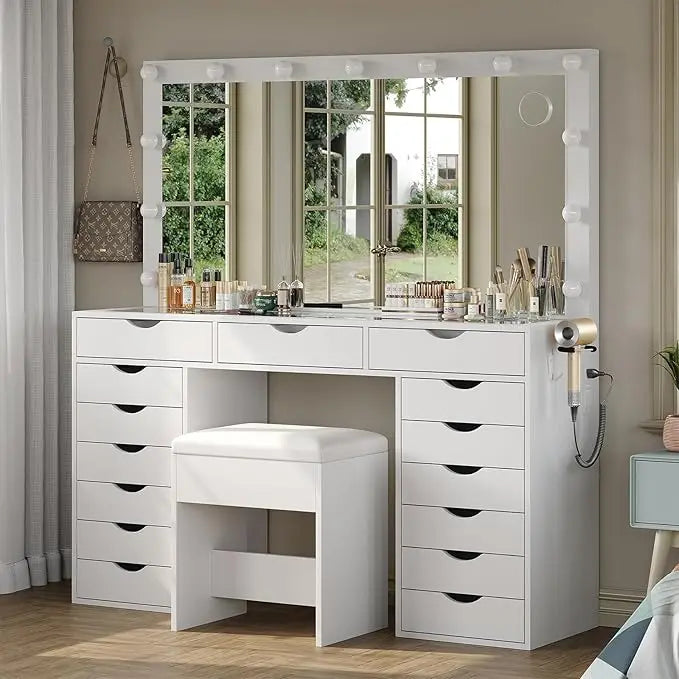 Vanity Desk with Mirror and Lights / Makeup Table with Charging Station / 3 Color Lighting Modes / 15 Drawers / Dressing Table
