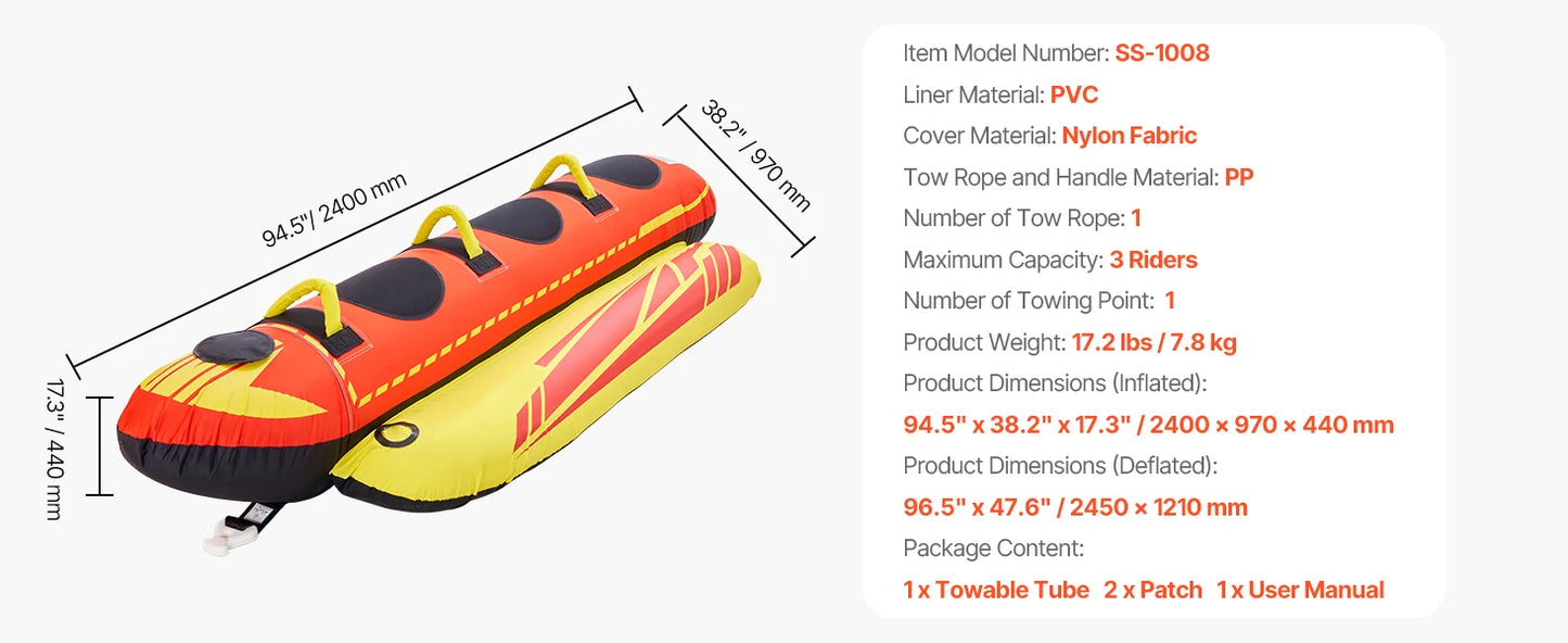 Towable Tubes for Boating / 1-3 Rider Inflatable Boat Tubes and Towable / 510lbs Capacity / Hot Dog Water Sport Tube for Boat