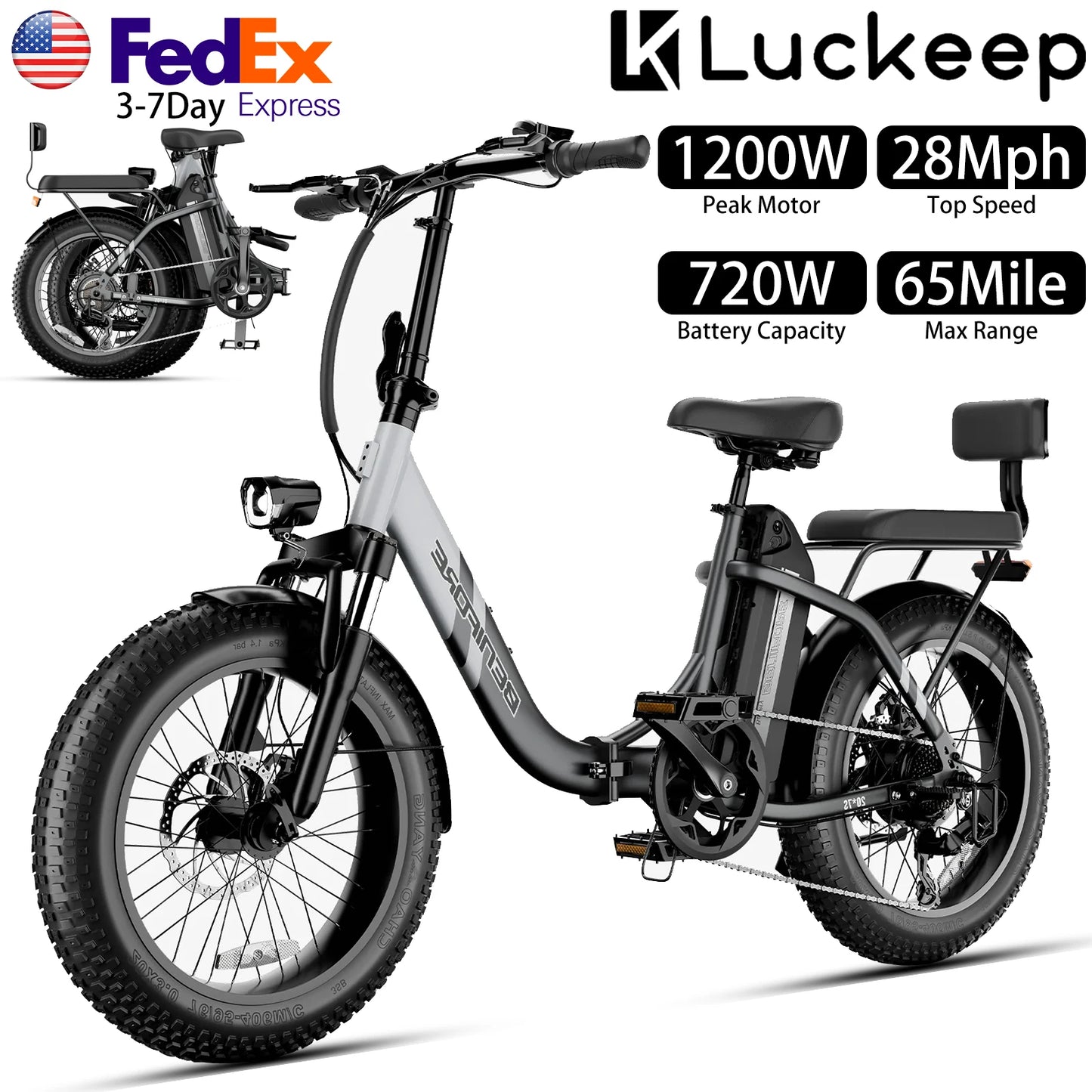 CM***C23 20"x3" Folding Electric Bike / Peak 1200W, 720Wh / Top 28 Mph, Max 65 Mile, Max Load 265Ibs / With Mini Sofa Back Seat
