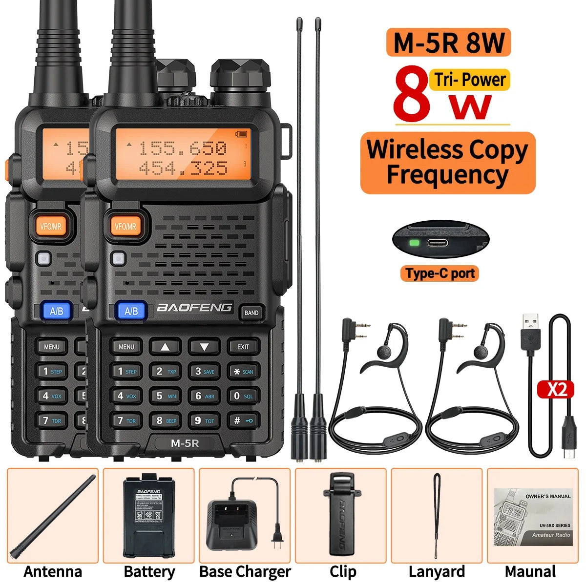 8W Walkie Talkie Multi Band w/Flashlight / Type-C / Wireless / Copy Frequency AM / Long Range For UV-5R / Two Way Radio