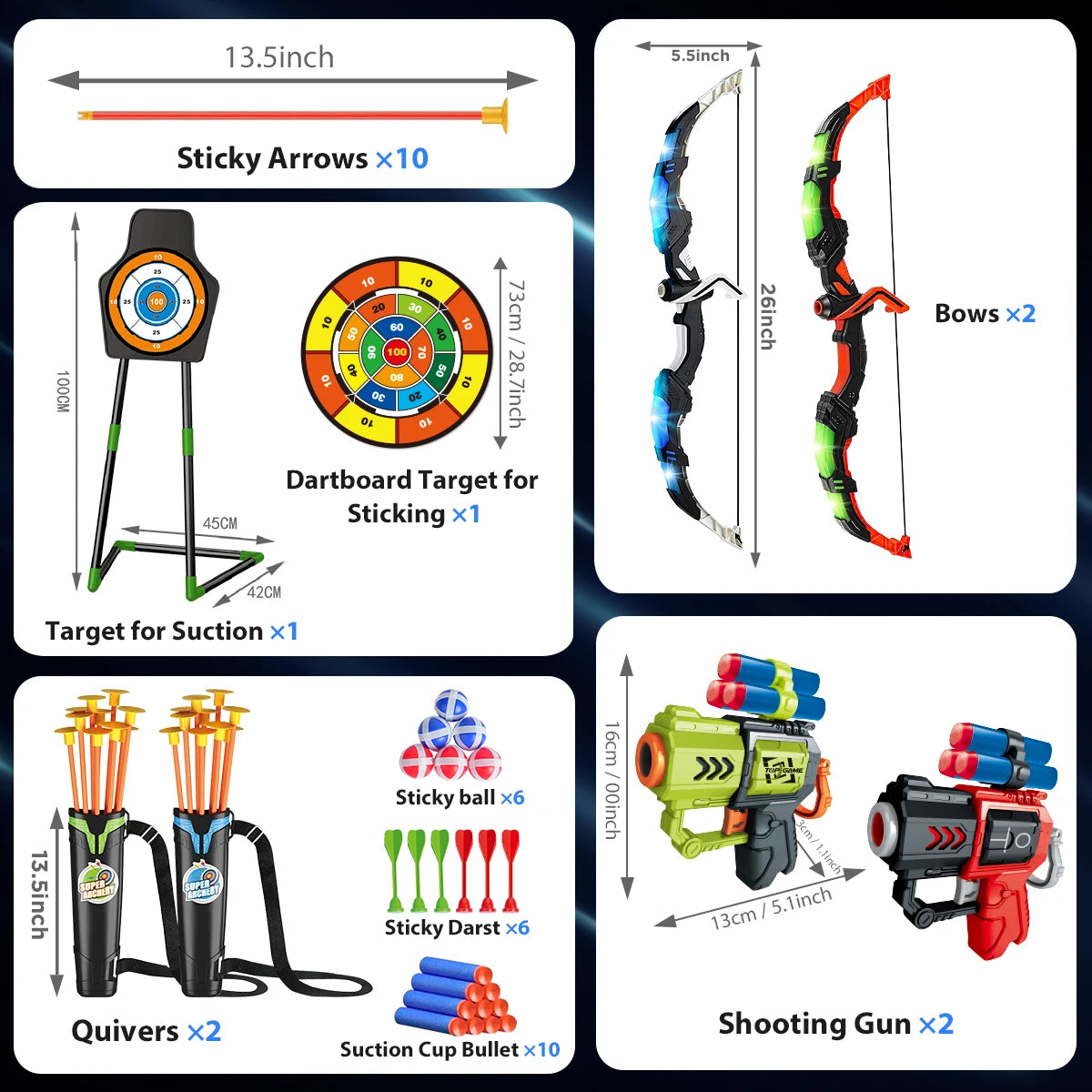 2X Bow & Arrows + 2 Foam Dart Guns / Toys For Kids / Suction Cup / Skill Building / Archery Stand / Target Board / Indoor Outdoor Game / Unisex Christmas Gift