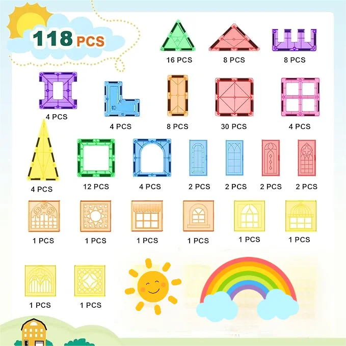 118 PCS Magnetic Tiles / Magnet Building Blocks / Kids Toys / Ages 3-12 / STEM Educational Construction Toys / Toddlers