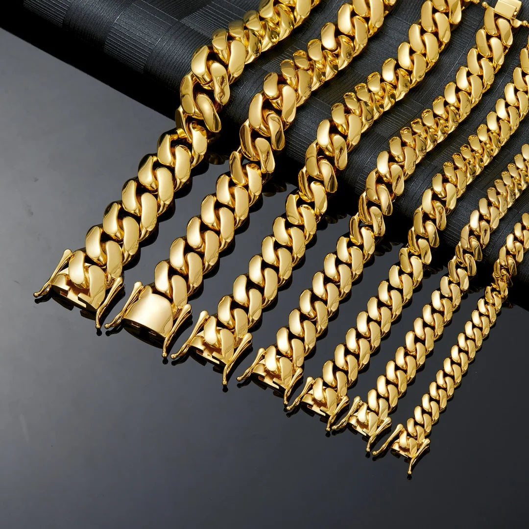 **8-22mm Hip Hop Bling / Gold Color Stainless Steel / Dense Cuban Miami Link Chain Necklaces / 18k Gold-plated Jewelry
