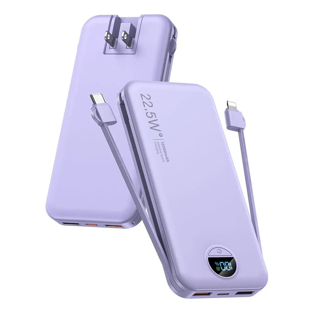 Ultra-Thin 12000mAh AC Wall Charger Power Bank with Built-in Cables / USB-C Fast Charging / Digital Display / Essential for Travel