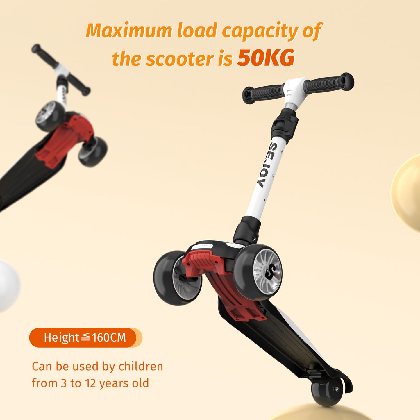 Toddler Kick Scooter /  Children's'  Fold-down-Seat Balance Scooter /  Adjustable Height/Handlebars /  Balance Scooter / Illuminated Wheels /  Ages 3-12