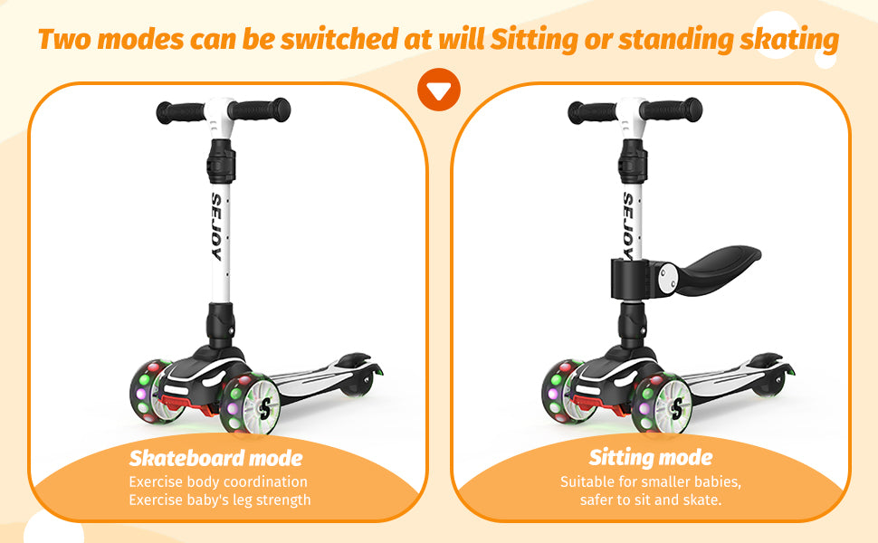 Toddler Kick Scooter /  Children's'  Fold-down-Seat Balance Scooter /  Adjustable Height/Handlebars /  Balance Scooter / Illuminated Wheels /  Ages 3-12
