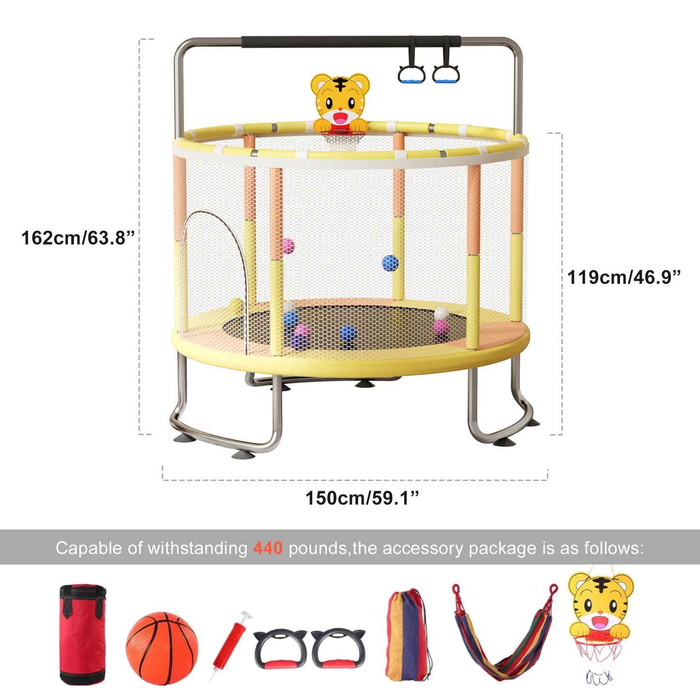 5FT Kids Trampoline, Adjustable Baby Toddler Trampoline with Basketball Hoop, Swing, Sandbag, Ocean Balls