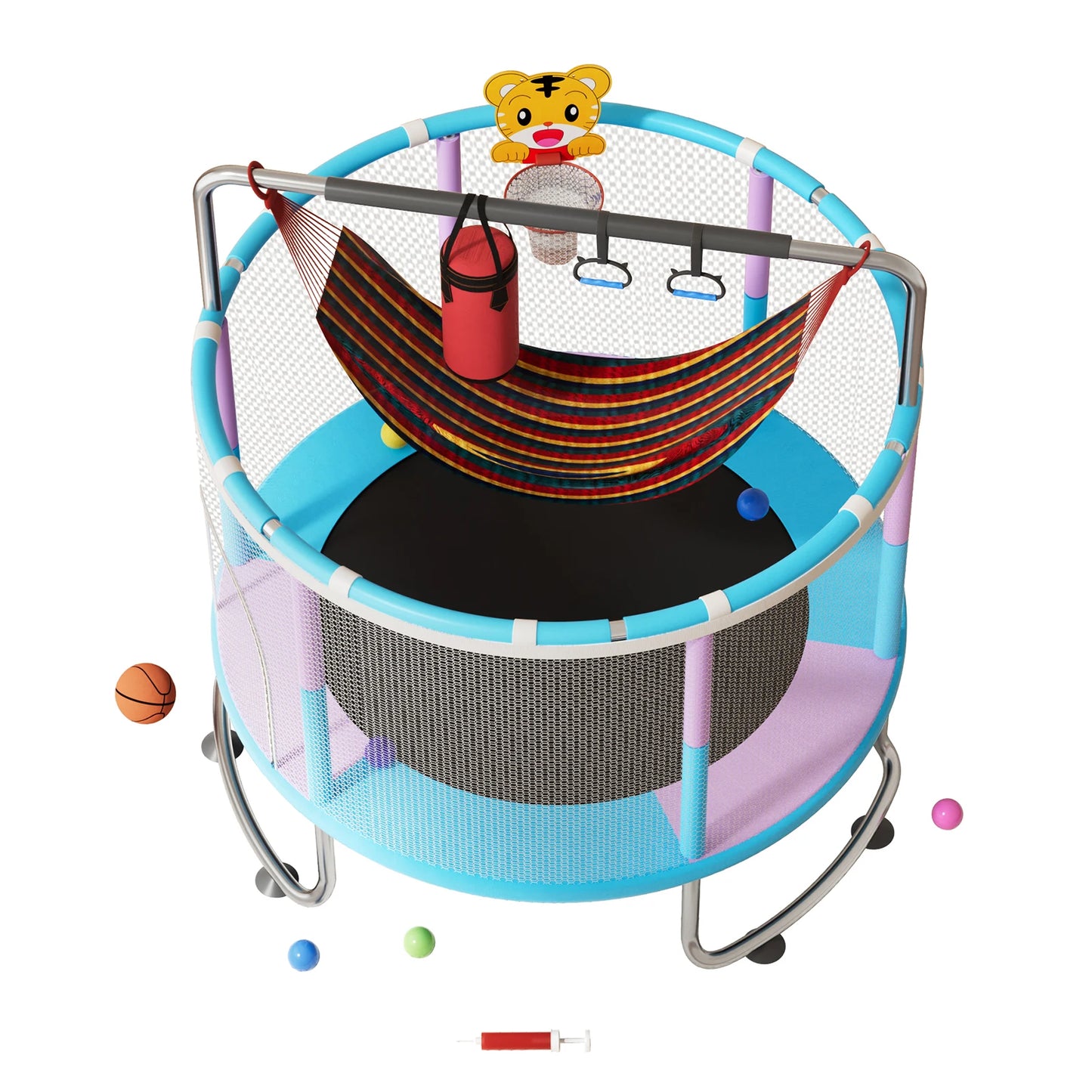 5FT Kids Trampoline, Adjustable Baby Toddler Trampoline with Basketball Hoop, Swing, Sandbag, Ocean Balls