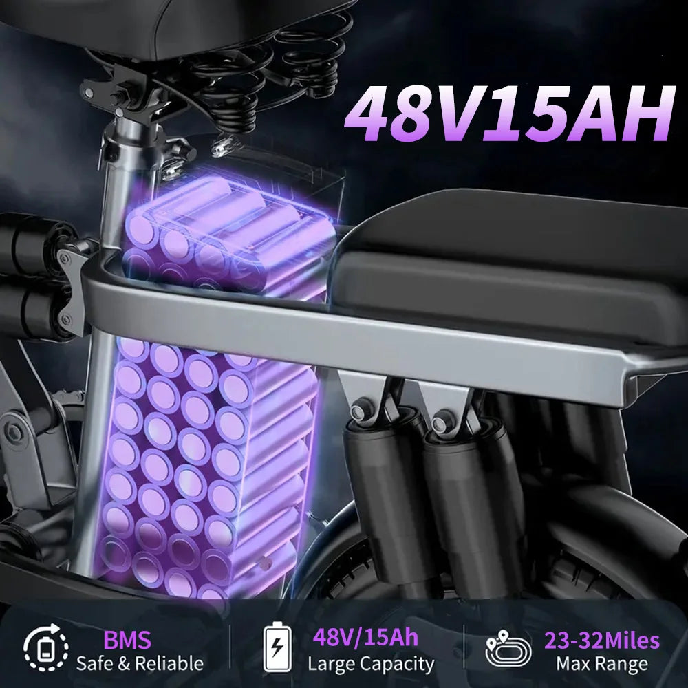 Peak 600W Electric Bikes /  Adult /   48V  720Wh Removable Battery  /   22 MPH  /   Compact Folding Ebike With LCD Display  /   23-32Miles