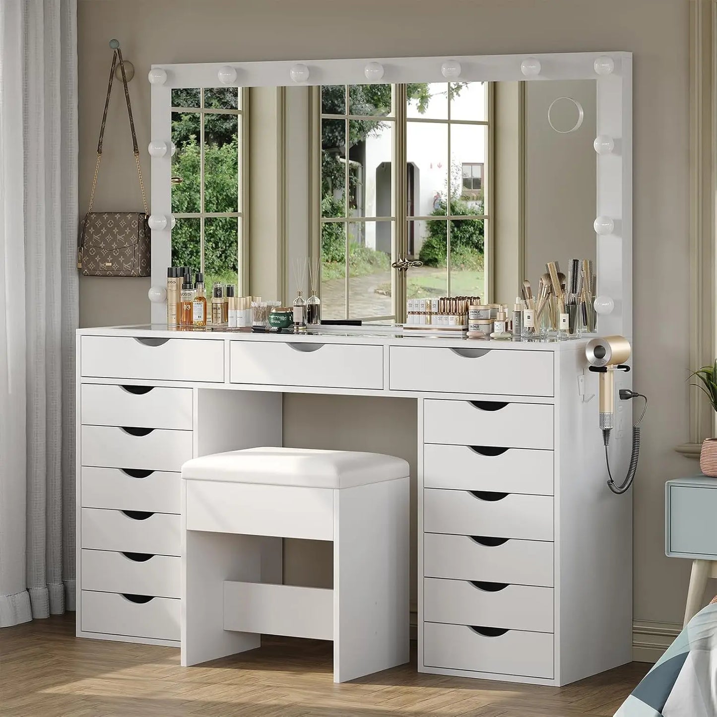 Vanity Desk with Mirror and Lights /  Makeup Table with Charging Station  /  3 Color Lighting Modes /  15 Drawers   /  Dressing Table