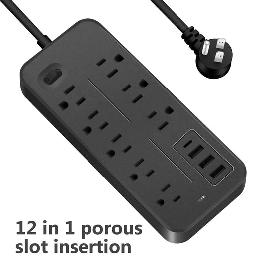 12-Port Power Strip with 8 AC Outlets, 3 USB Ports & 1 Type-C Fast Charging Ports / Versatile with Surge Protection
