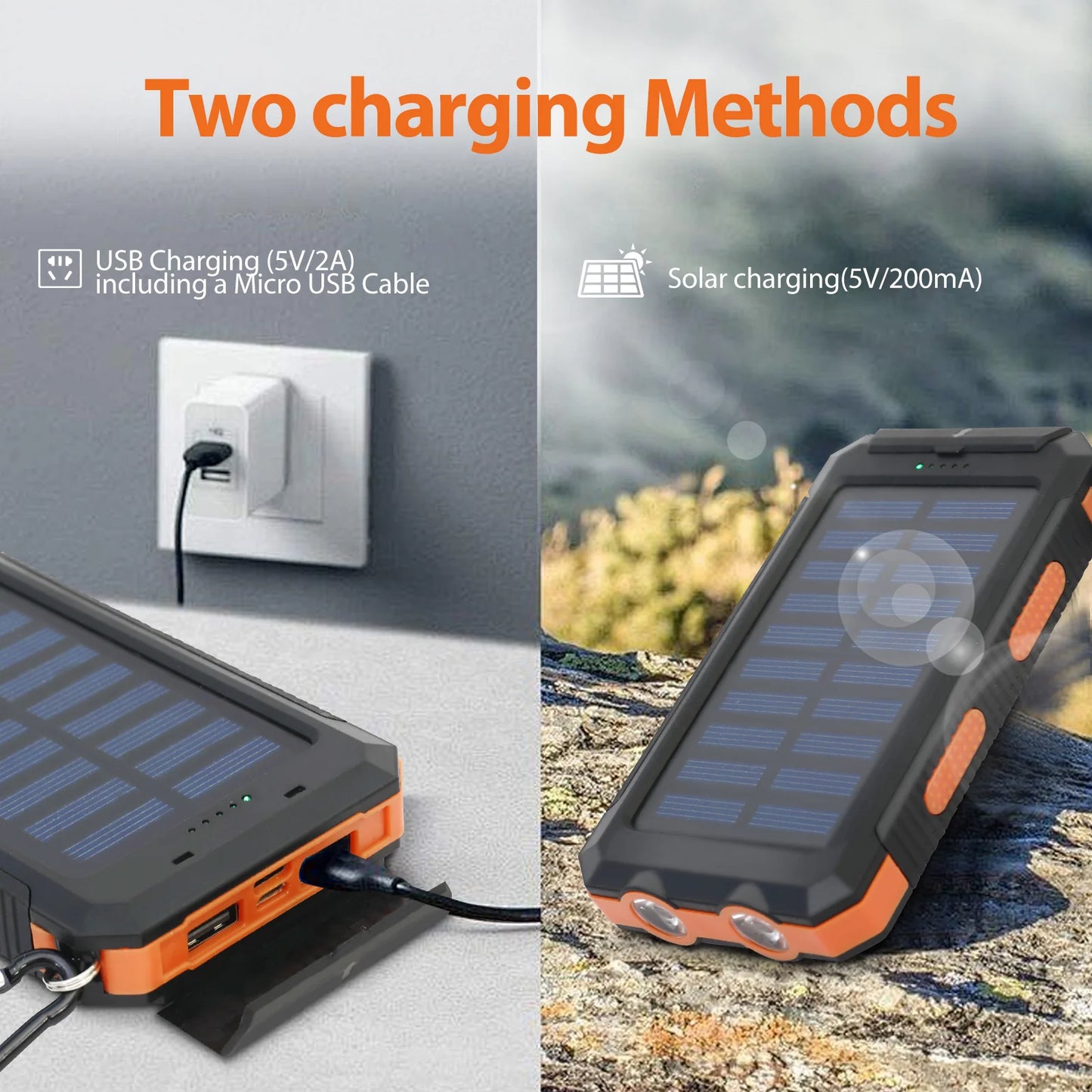 20000mAh Solar Charger for Cell Phone  /  Portable Solar Power Bank /   Dual 5V USB Ports  /  2 LED Light Flashlight  /  Outdoor  /  Camping  /  Hiking /  Fishing