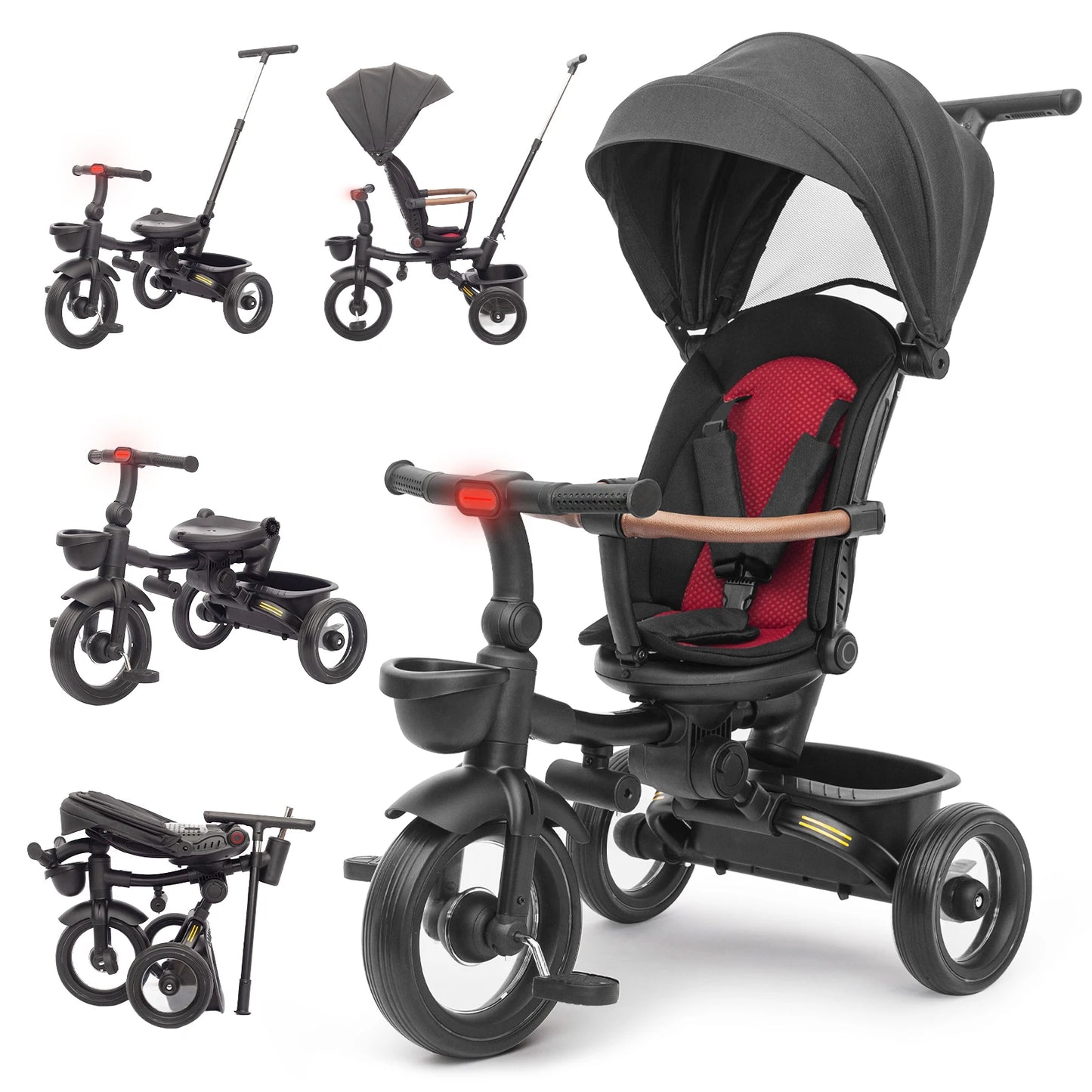 Baby Stroller-Tricycle /  7 in 1 Foldable Stroller-Trike for Kids  / Age 6M+ to 6 Years / Headlights / 1-Step Brake / Folding Pedal / Rotating, Reclining  Seat / Extended Removable Canopy