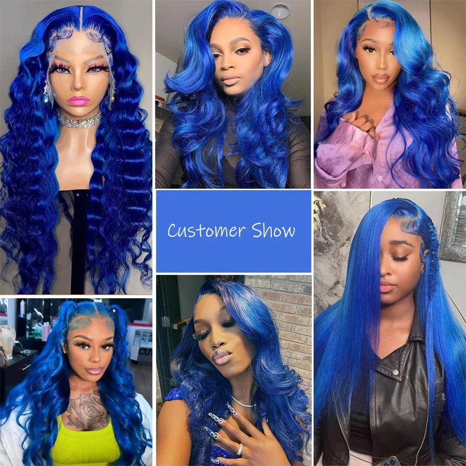 **Navy Blue 13x4 Lace Front Body Wave Human Hair Wigs / Brazilian Blue Colored / Transparent Lace Front Wigs For Women / Pre Plucked