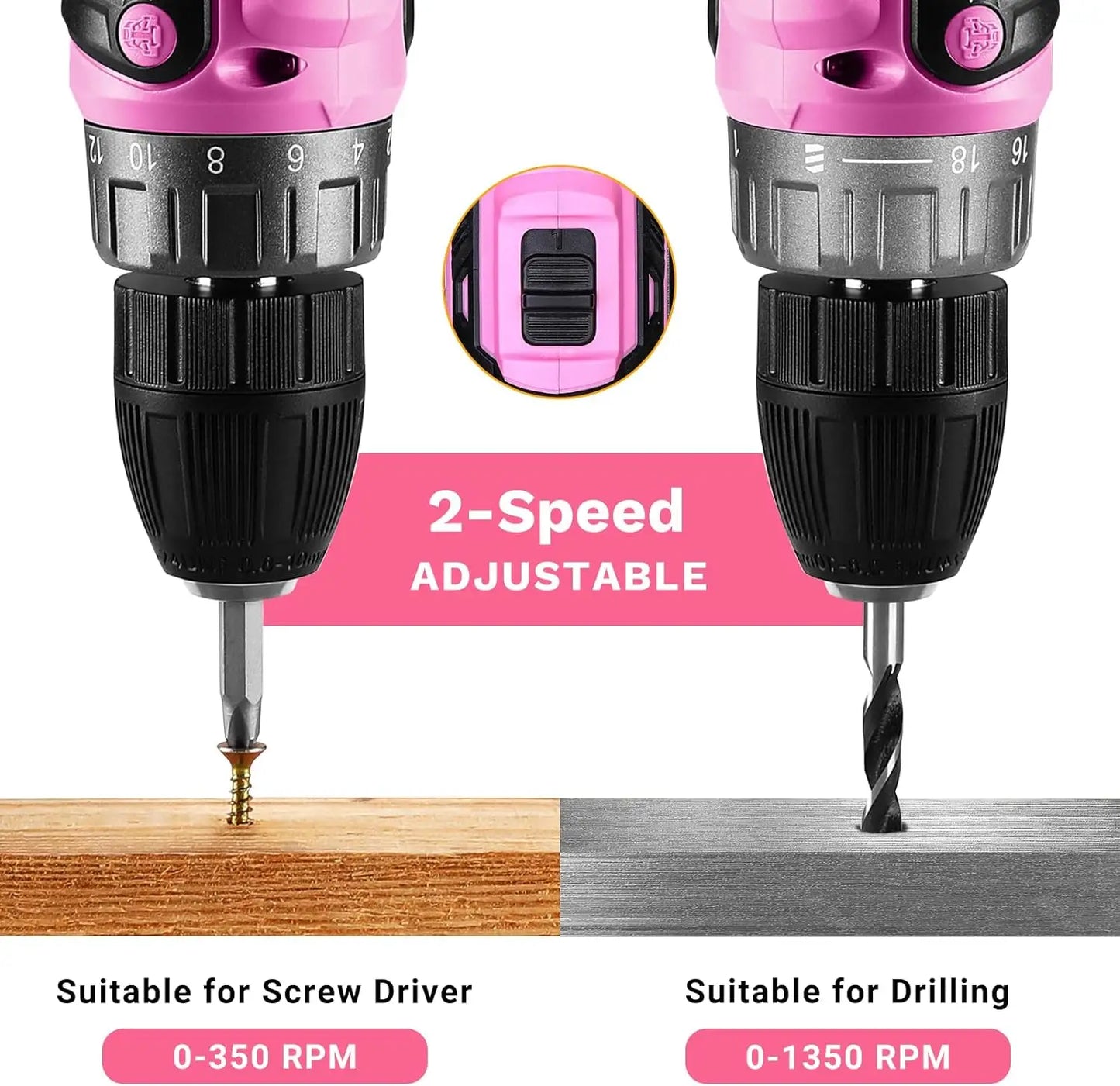 Power Drill Cordless: DEKO Pink Cordless Drill / 20V Electric Power Drill Set / Tool for Women