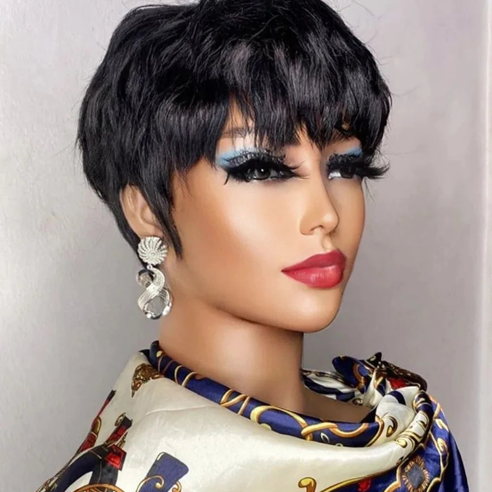 Short Pixie Cut Wig  /  Human Hair /  For Black Women /  Machine Made Wigs With Bangs /  Colored Brazilian Wig /  Human Hair Wigs