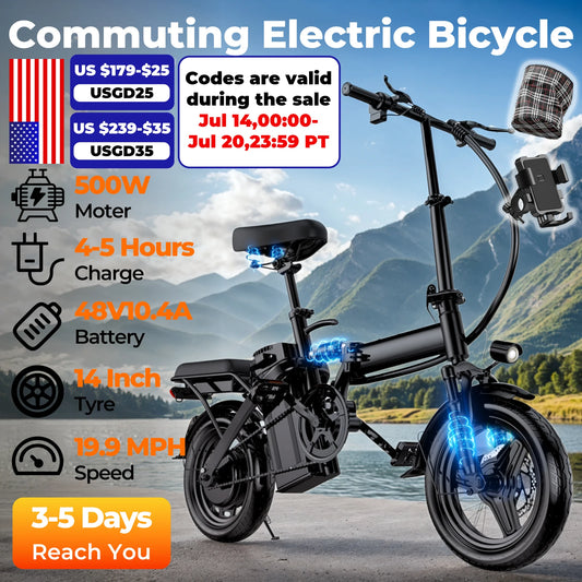 500W Adult Electric Bike \ 20 MPH \ 48V 12Ah Removable Battery / 14 Inch Folding Electric Bike / Multi-Shock Absorption