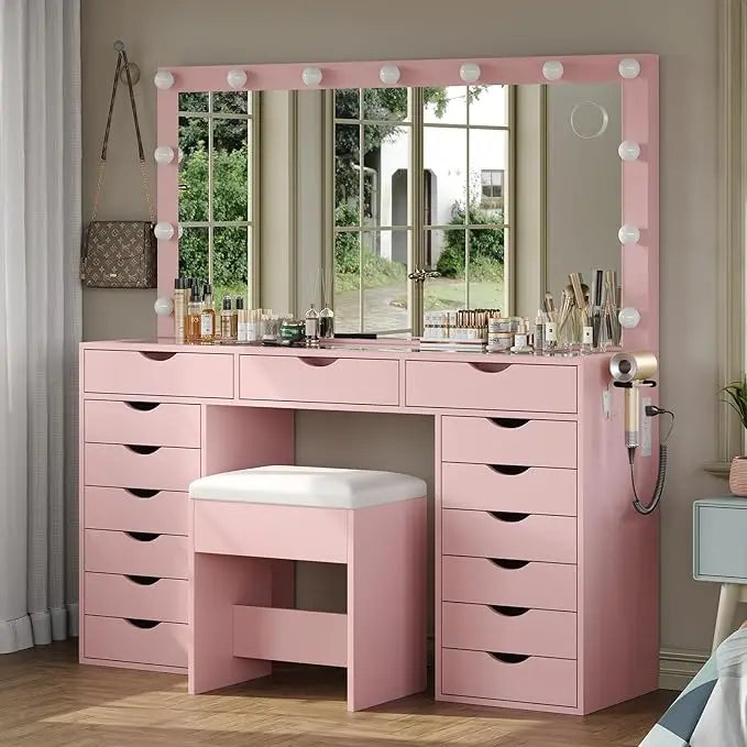 Vanity Desk with Mirror and Lights /  Makeup Table with Charging Station  /  3 Color Lighting Modes /  15 Drawers   /  Dressing Table