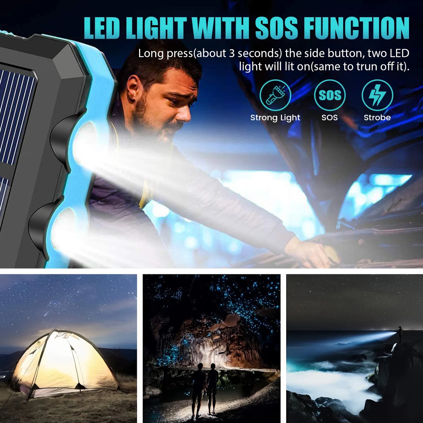 CM***10000mAh Solar Power Bank / Portable / Waterproof / Outdoor Dual 5V 1A USB Ports / Fast Charging LED Flashlight for iPhone Tablets