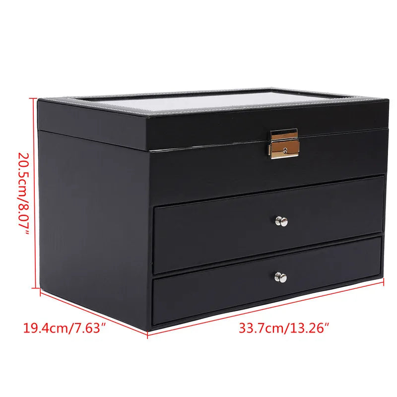 3-Layer Black Leather Jewelry Box /  Metal Key Lock / Storage  Organizer for Jewelry, Watches, Eyeglasses & Sunglasses / Box With Display Drawer / Metal Buckle Case / Organizer