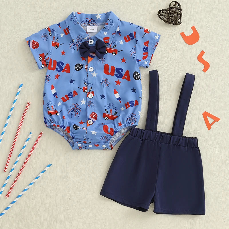 Infant-Toddler Boys / Independence Day   /  Short Sleeve Bowtie Romper & Suspender Shorts Set  /  Infant Clothing for 4th of July