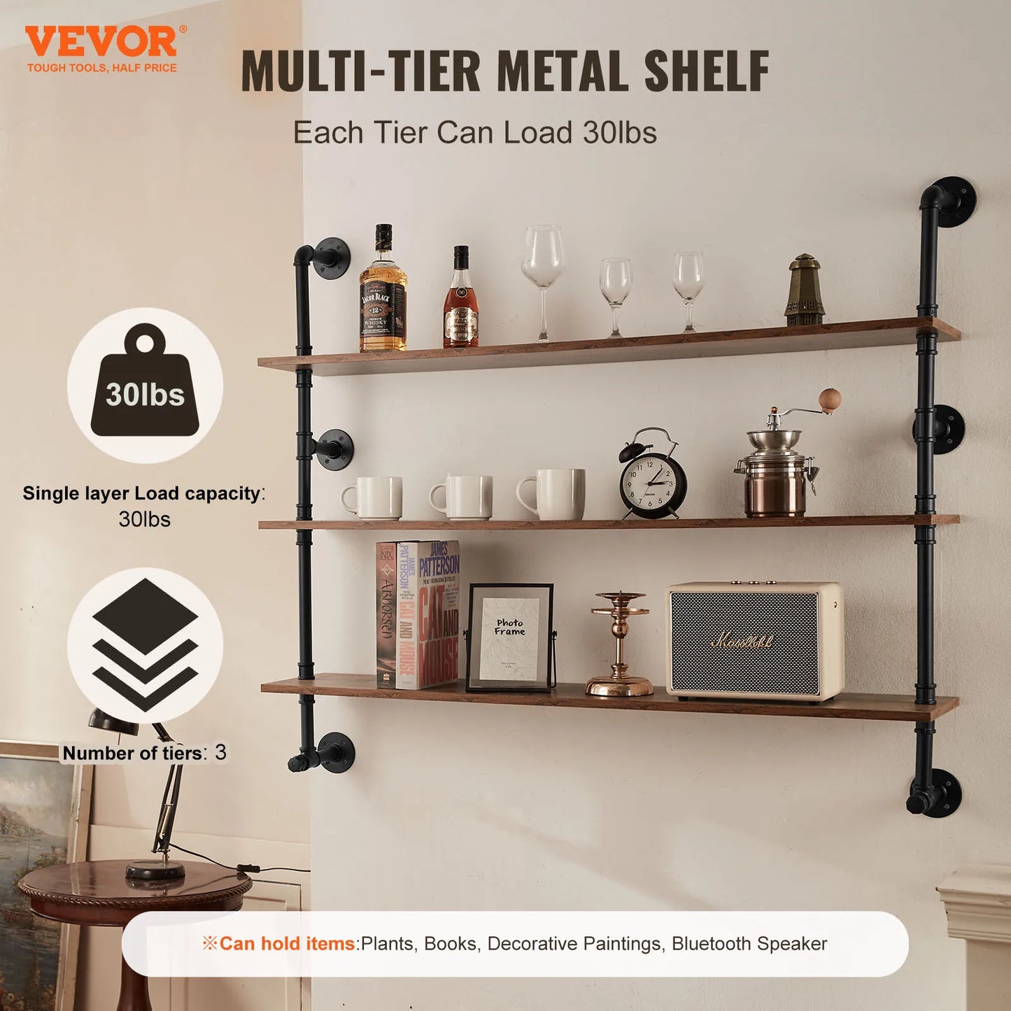 **Industrial Pipe Shelf / Wall-Mount Floating / Rustic Wood Shelves / Bracket Storage Rack for Kitchen Bedroom