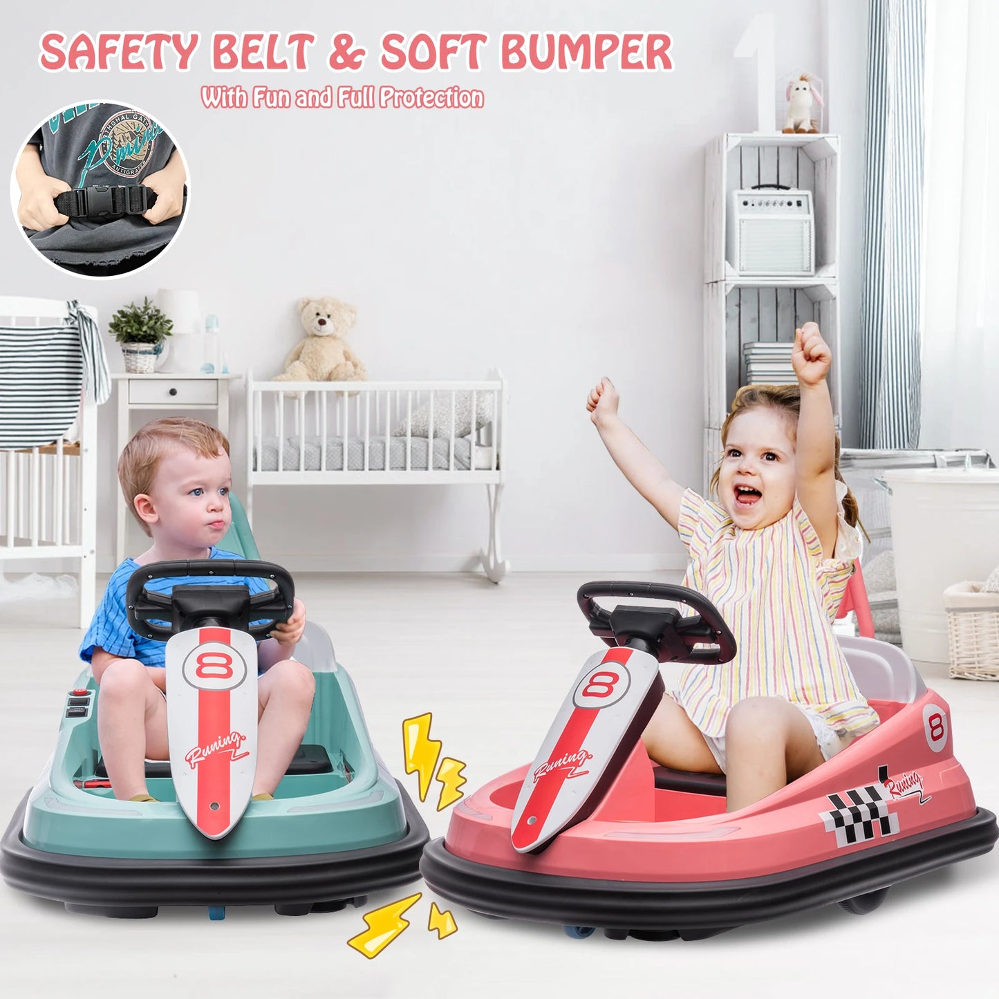 Bumper Car for Toddlers /  6V Electric Ride On Toys for Kids /  1.9 MPH Max Speed  /  Steering Wheel 360 Degree Spin  /  2-Speeds / Lights / Music