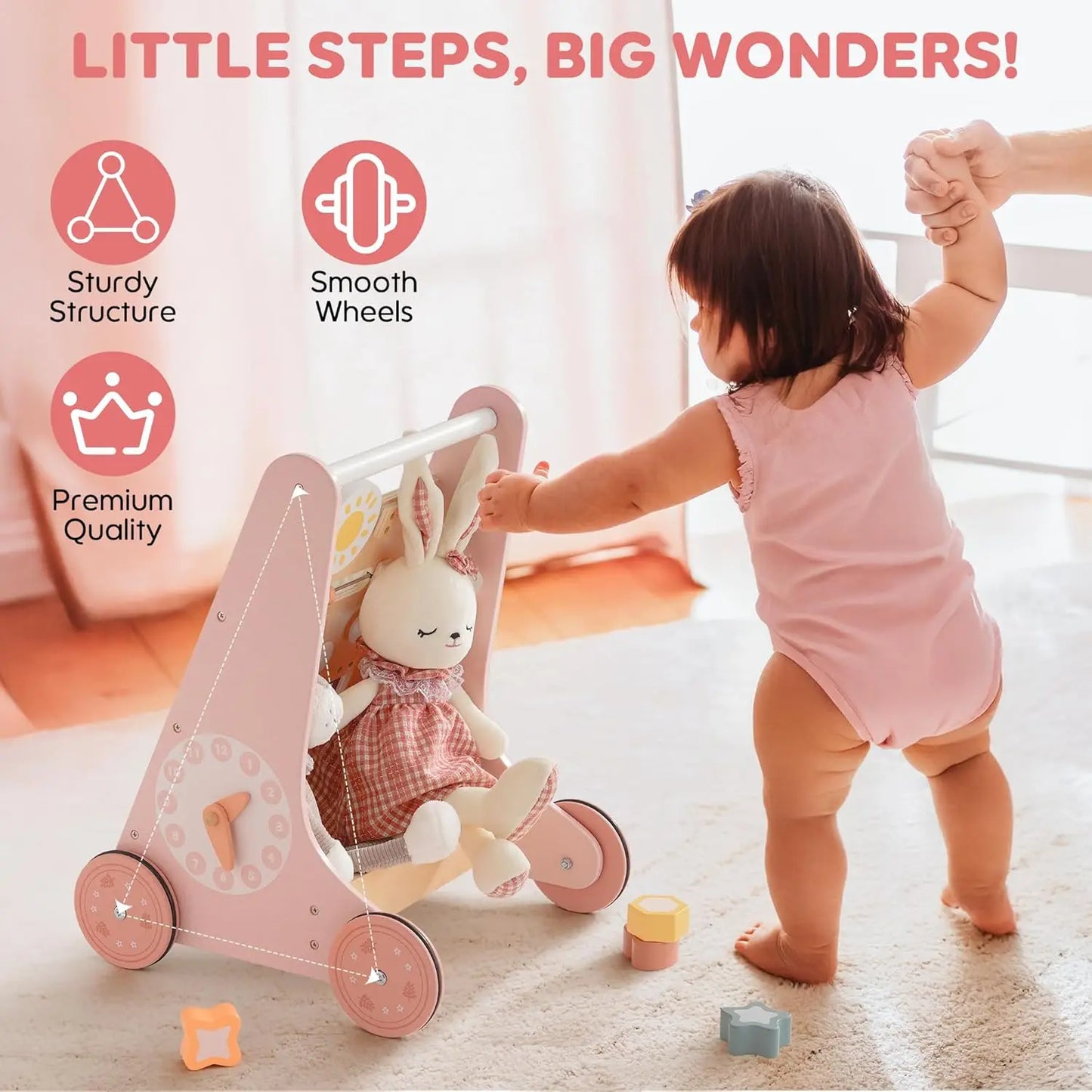 Wooden Baby Walker with Wheels / Montessori Push Toy for Babies Learning to Walk / Baby Walker Activity Center