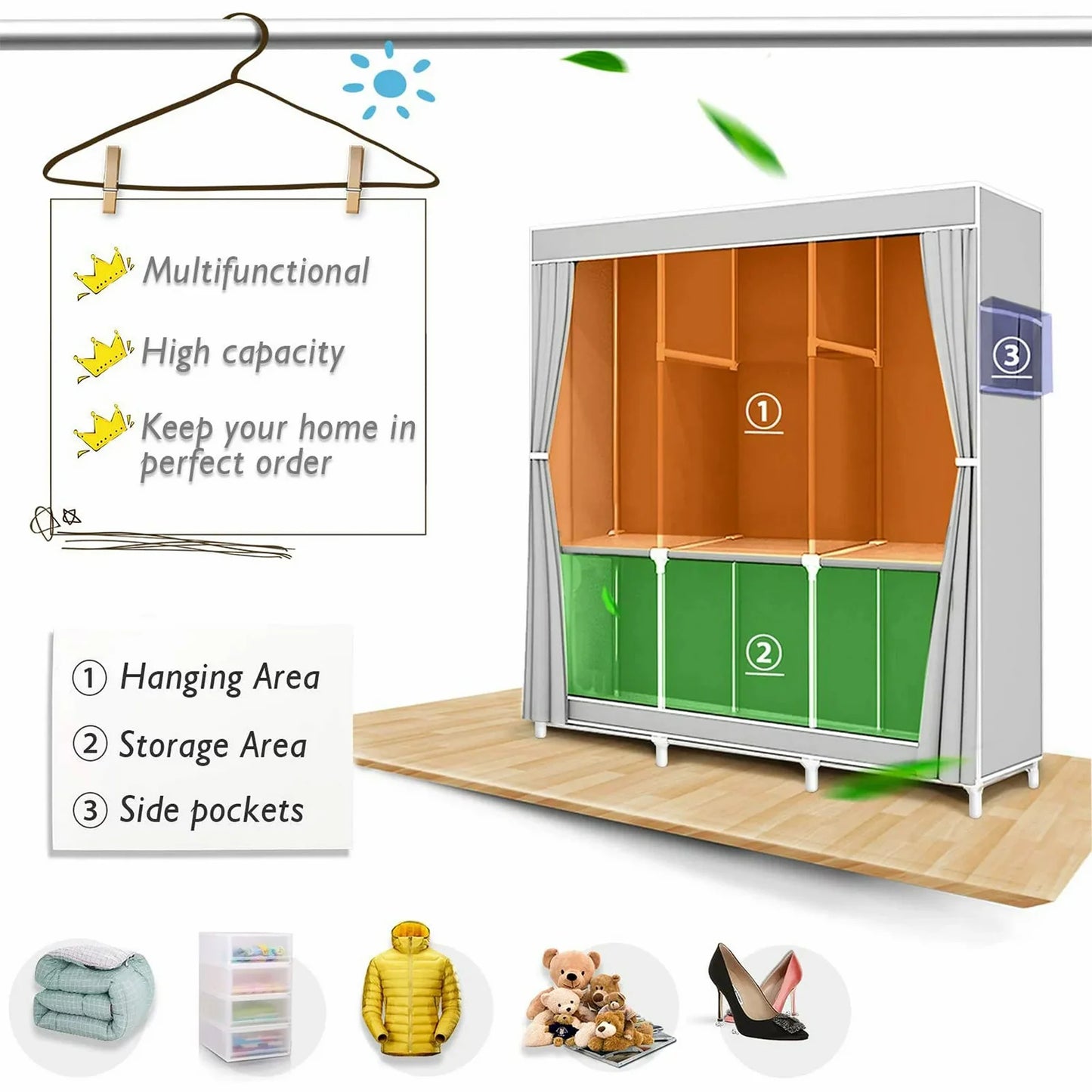 Garment Rack / Closet Wardrobe Organizer / Storage Rack / Portable Clothes, Shoes and Accessories Closet / Dustproof /  Non-woven Fabric / Quick and Easy to Assemble