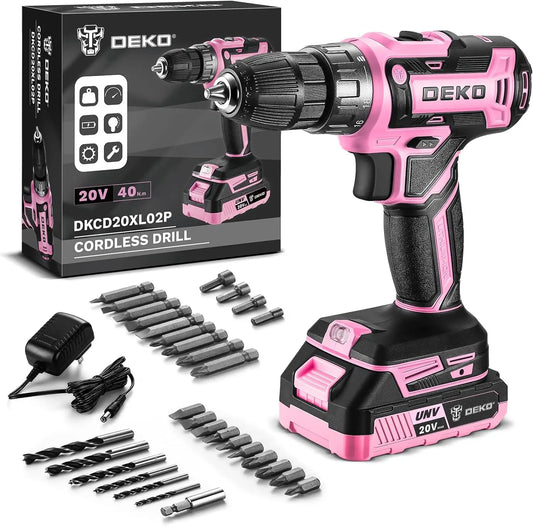 Power Drill Cordless: DEKO Pink Cordless Drill / 20V Electric Power Drill Set / Tool for Women