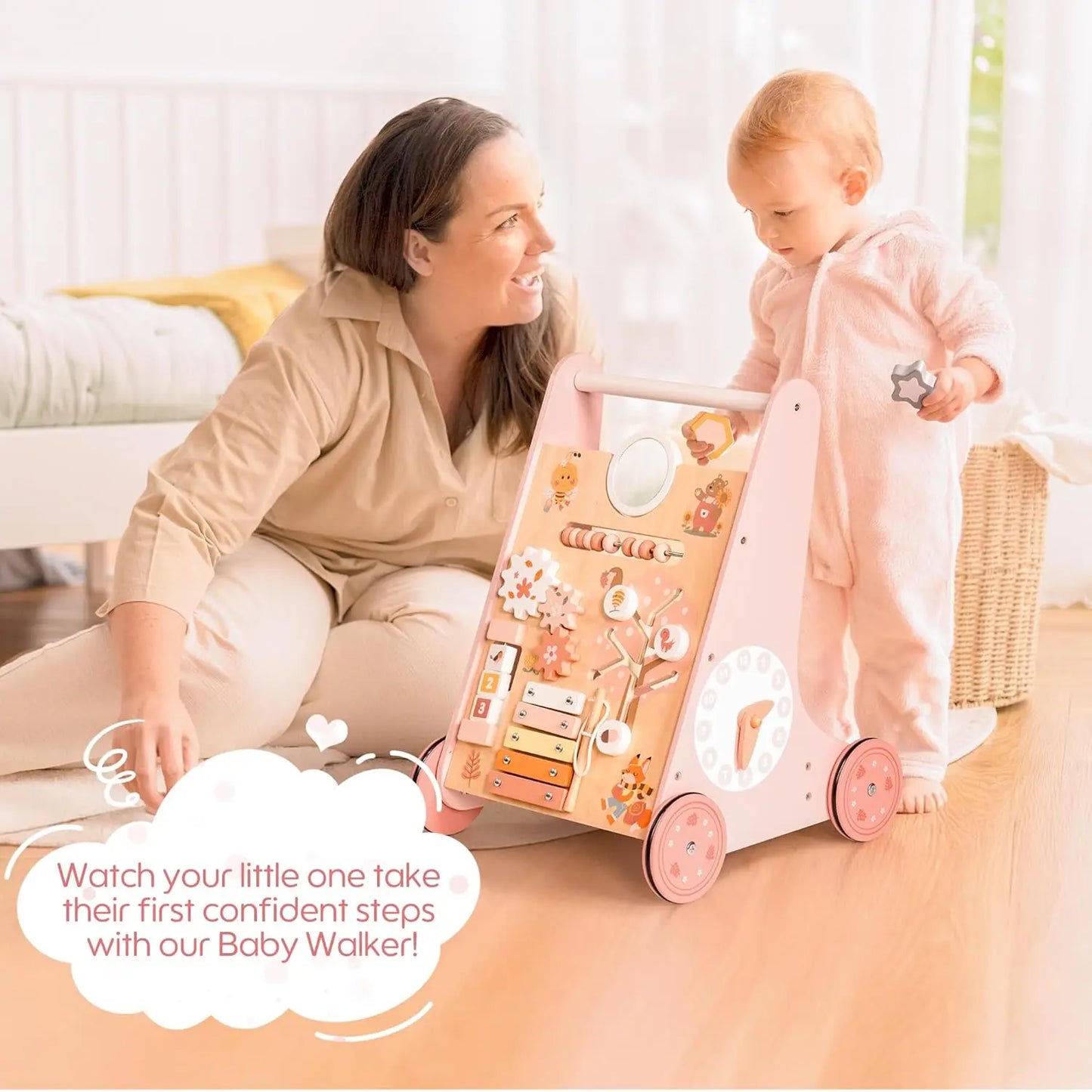 Wooden Baby Walker with Wheels / Montessori Push Toy for Babies Learning to Walk / Baby Walker Activity Center
