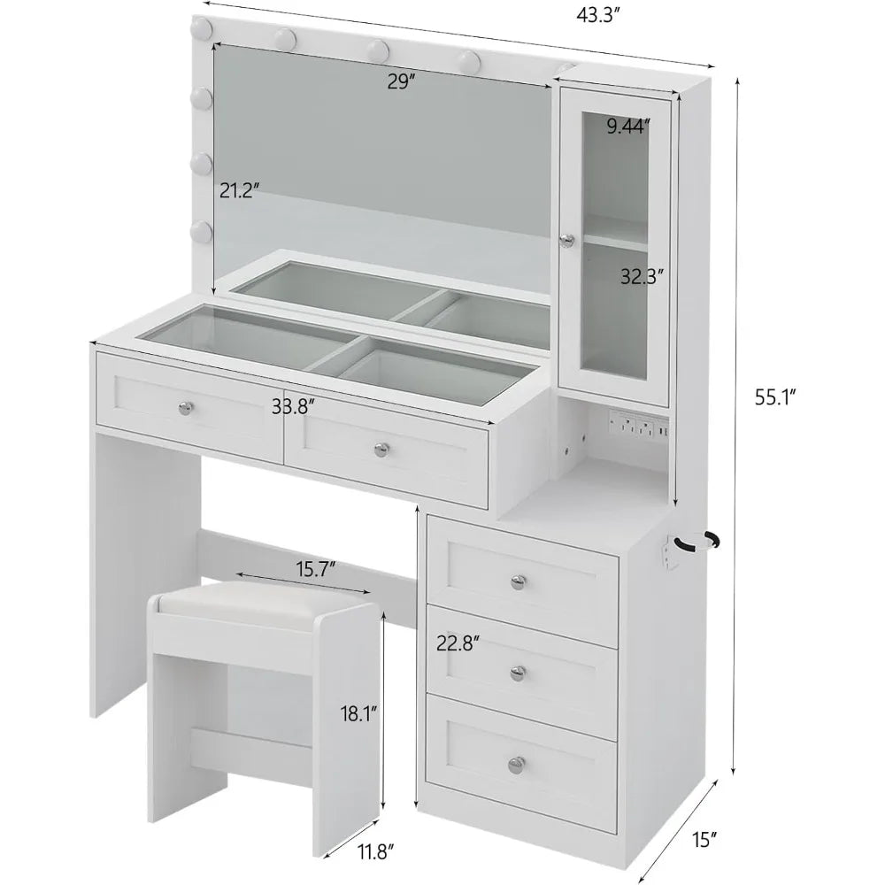 43" Vanity Desk with Mirror & 11 Lights /  5 Drawer Modern Makeup Desk with Glass top & Cushioned Stool /  3 Lighting Modes Bright