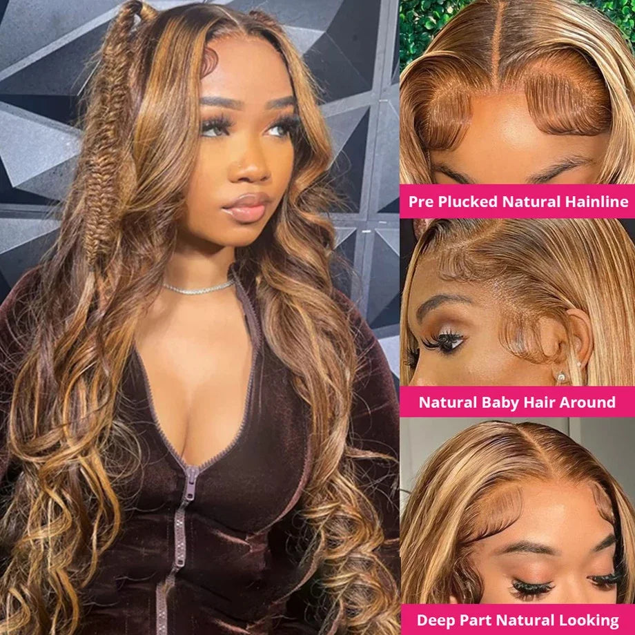 **Highlight Body Wave Wig / Brazilian Human Hair Wigs For Black Women / 13x4 Honey Blonde Lace Front Wig / 13x6 HD Lace Frontal Wig