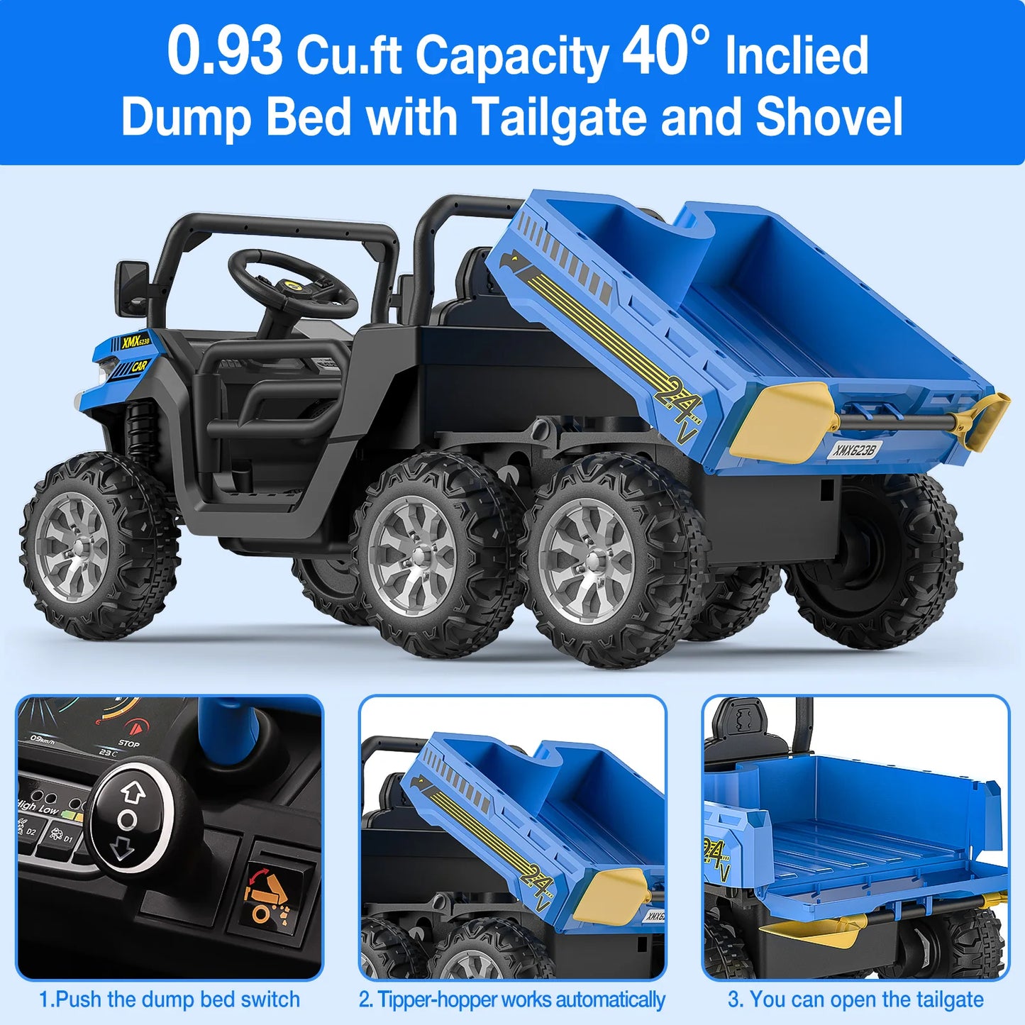 Ride On Dump Truck  / 24 V Kids Electric Vehicle With Remote Control /  Horn, Lights, Multimedia Player, Phone Connection /  Safety Belt / Ages 1-8 / Boys & Girls