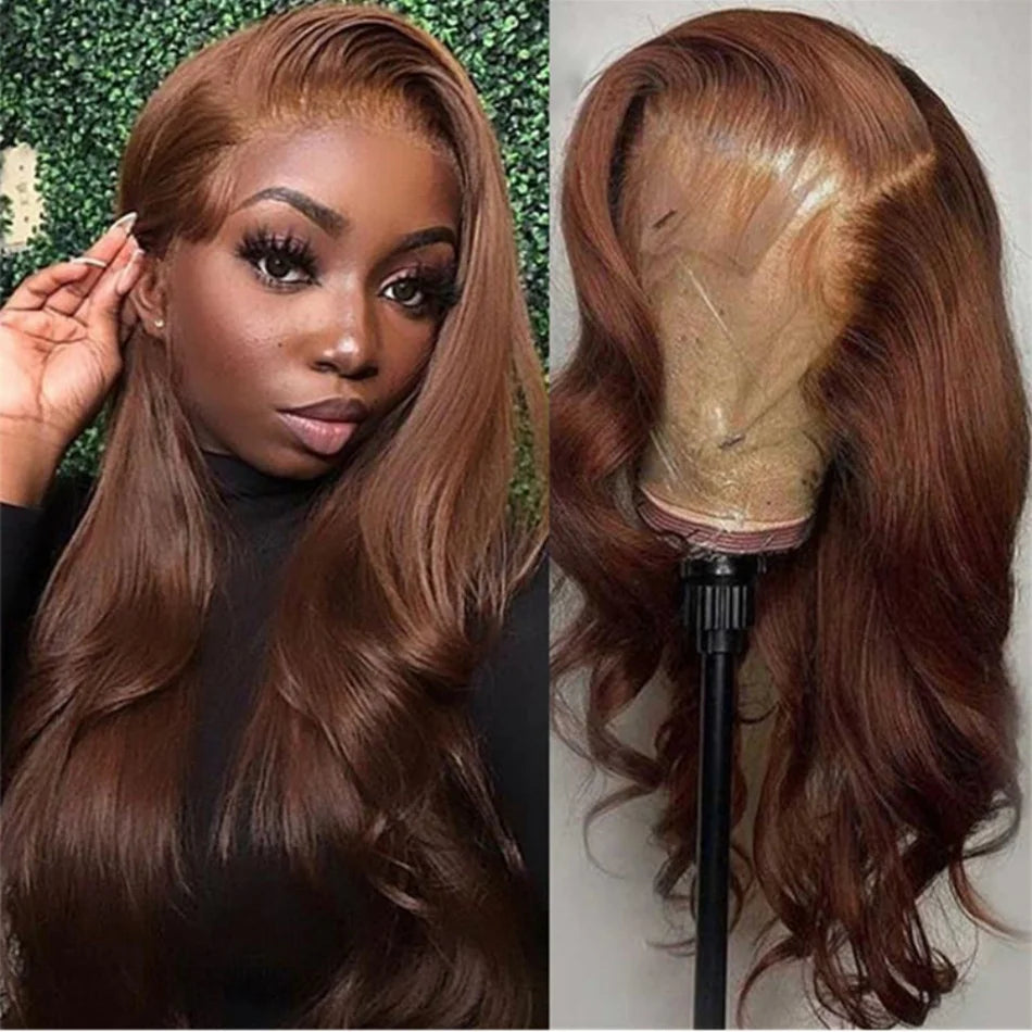 **30 Inch Chocolate Brown Body Wave 13x4 HD Lace Front Human Hair Wig / Pre Plucked Brown Transparent Lace Frontal Wigs For Women