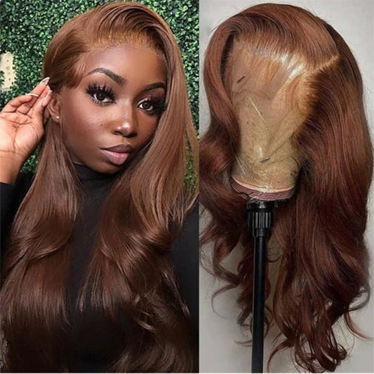 **30 Inch Chocolate Brown Body Wave 13x4 HD Lace Front Human Hair Wig / Pre Plucked Brown Transparent Lace Frontal Wigs For Women