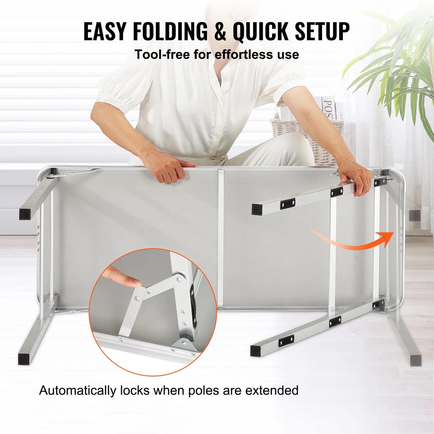 Folding Portable Table for Party or Picnic. Includes Carrying Case, Storage Shelf, & Skirt.