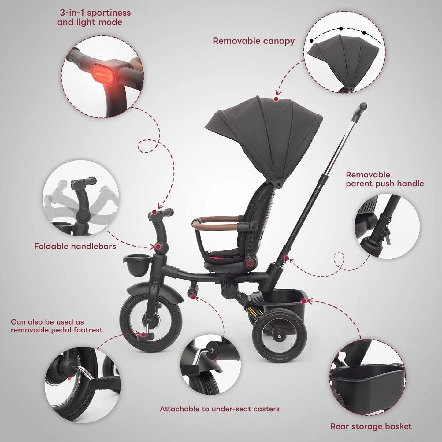 Baby Stroller-Tricycle /  7 in 1 Foldable Stroller-Trike for Kids  / Age 6M+ to 6 Years / Headlights / 1-Step Brake / Folding Pedal / Rotating, Reclining  Seat / Extended Removable Canopy
