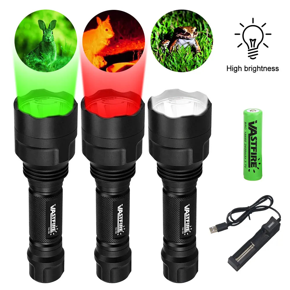 Green LED Hunting Flashlight /  Tactical  /  1-Mode USB Rechargeable Weapon Light With Press Switch Power by 18650 Battery