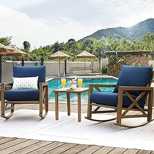 Rocking Bistro Set  /  7 Piece Outdoor Patio Conversation Furniture Set with 2 Rockers and 1 Metal Coffee Table with Thick Comfortable Cushions