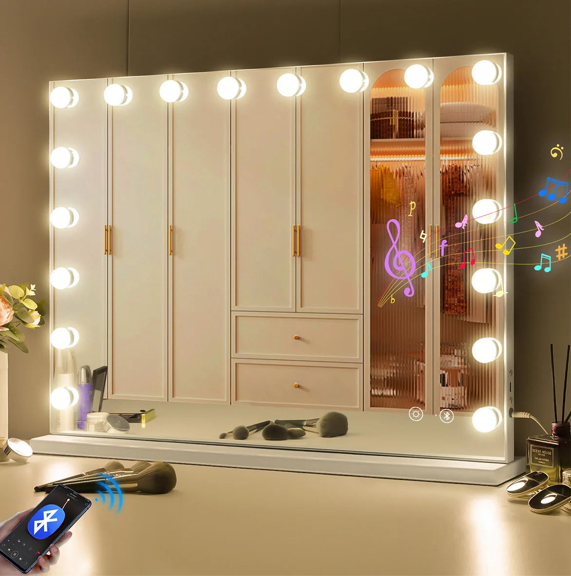 Large Vanity Mirror With Lights And Bluetooth Speakers  /  Dimmable LED Lights With 10 Times Magnification  /   USB Port for ApplyingMakeup