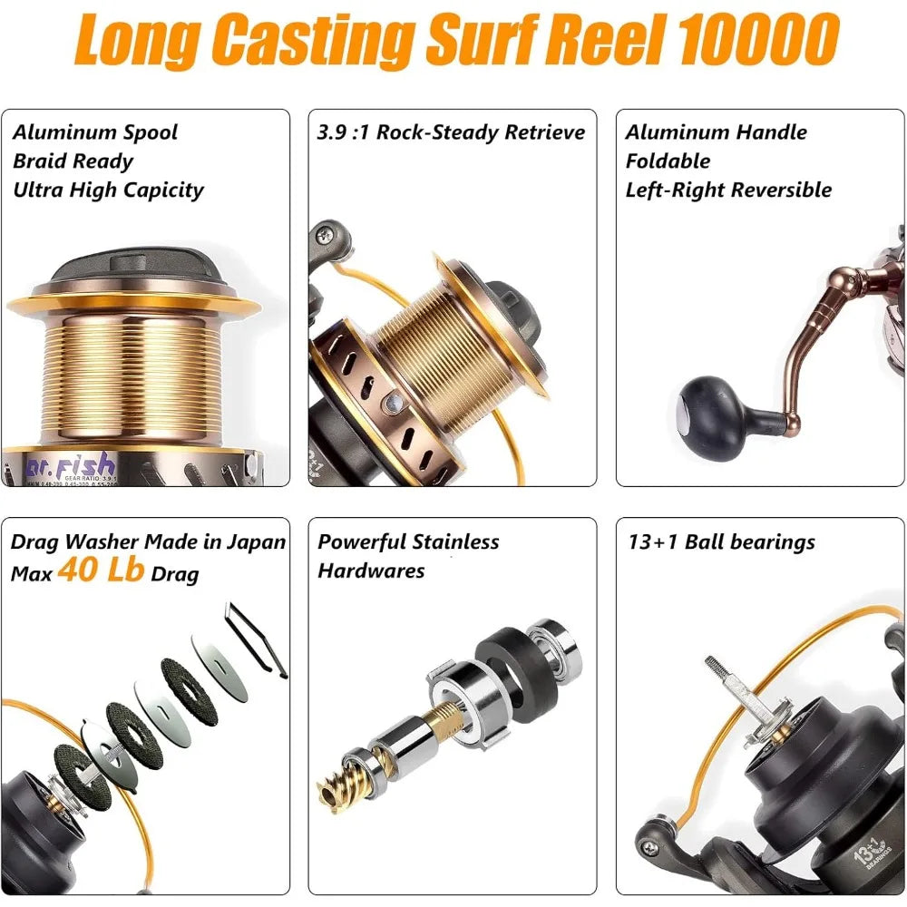 Surf rod and reel combination  /  Saltwater fishing tackle set /  Beach cast spinning rod kit