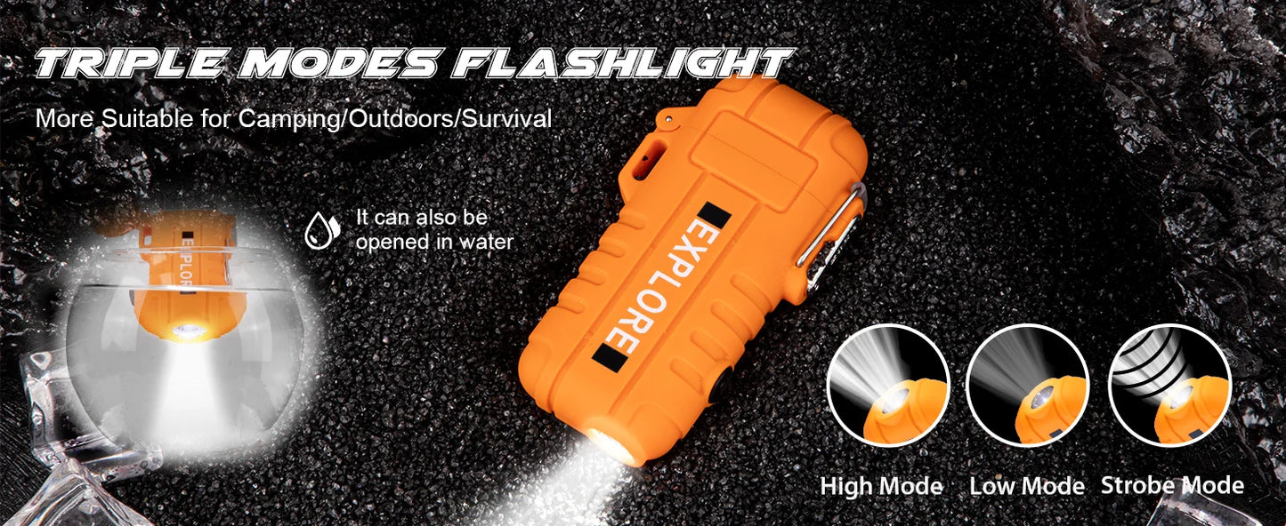 Waterproof Electric Lighter /  Windproof  / Dual Arc  /  USB Rechargeable  /  Flameless Plasma Lighters  /  Camping  / Hiking  / Survival  / Tactical