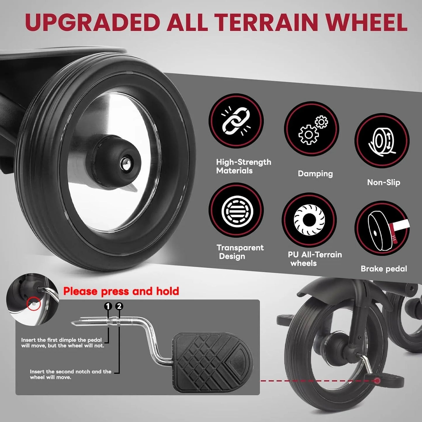 Baby Stroller-Tricycle /  7 in 1 Foldable Stroller-Trike for Kids  / Age 6M+ to 6 Years / Headlights / 1-Step Brake / Folding Pedal / Rotating, Reclining  Seat / Extended Removable Canopy