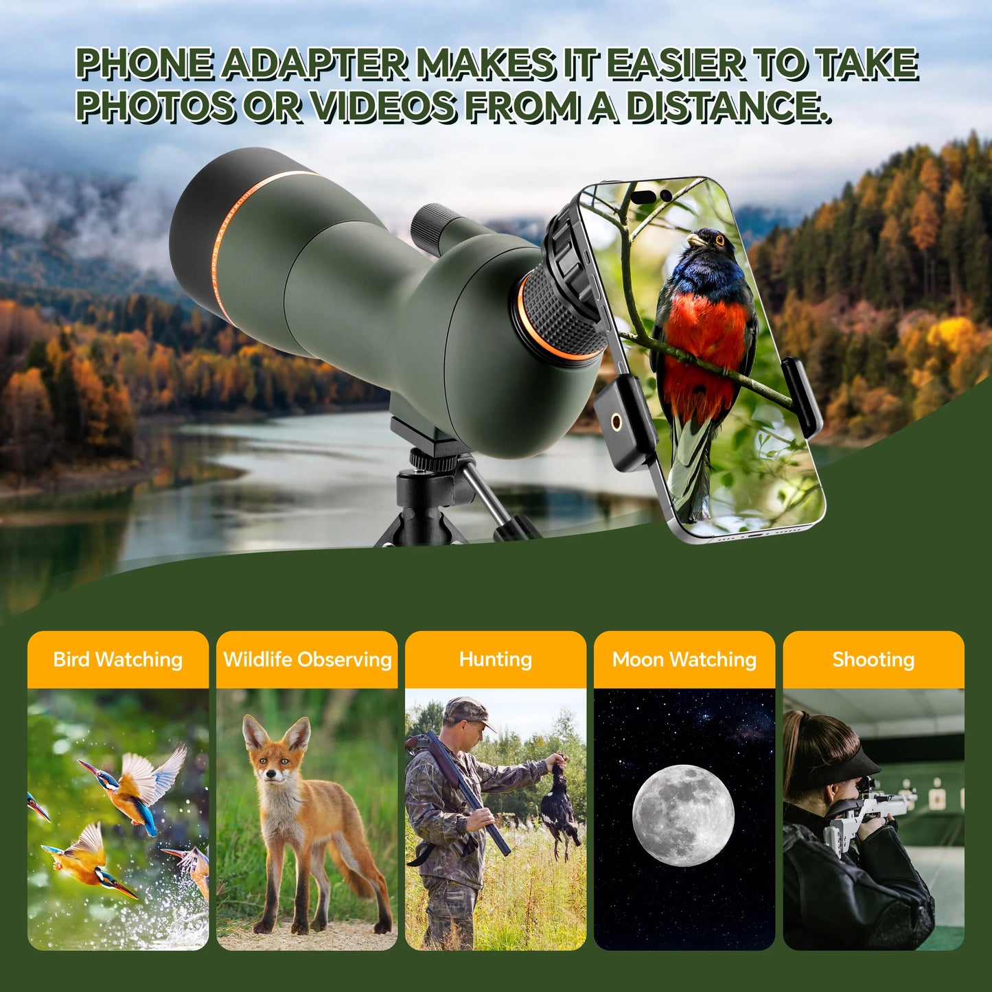 20-60X70 Zoom HD Spotting Scope  /  FMC Lens BAK4 Prism  /  Portable Size Design with Mobile Holder  / Table Tripod for Bird Watching  /  Wildlife Observation