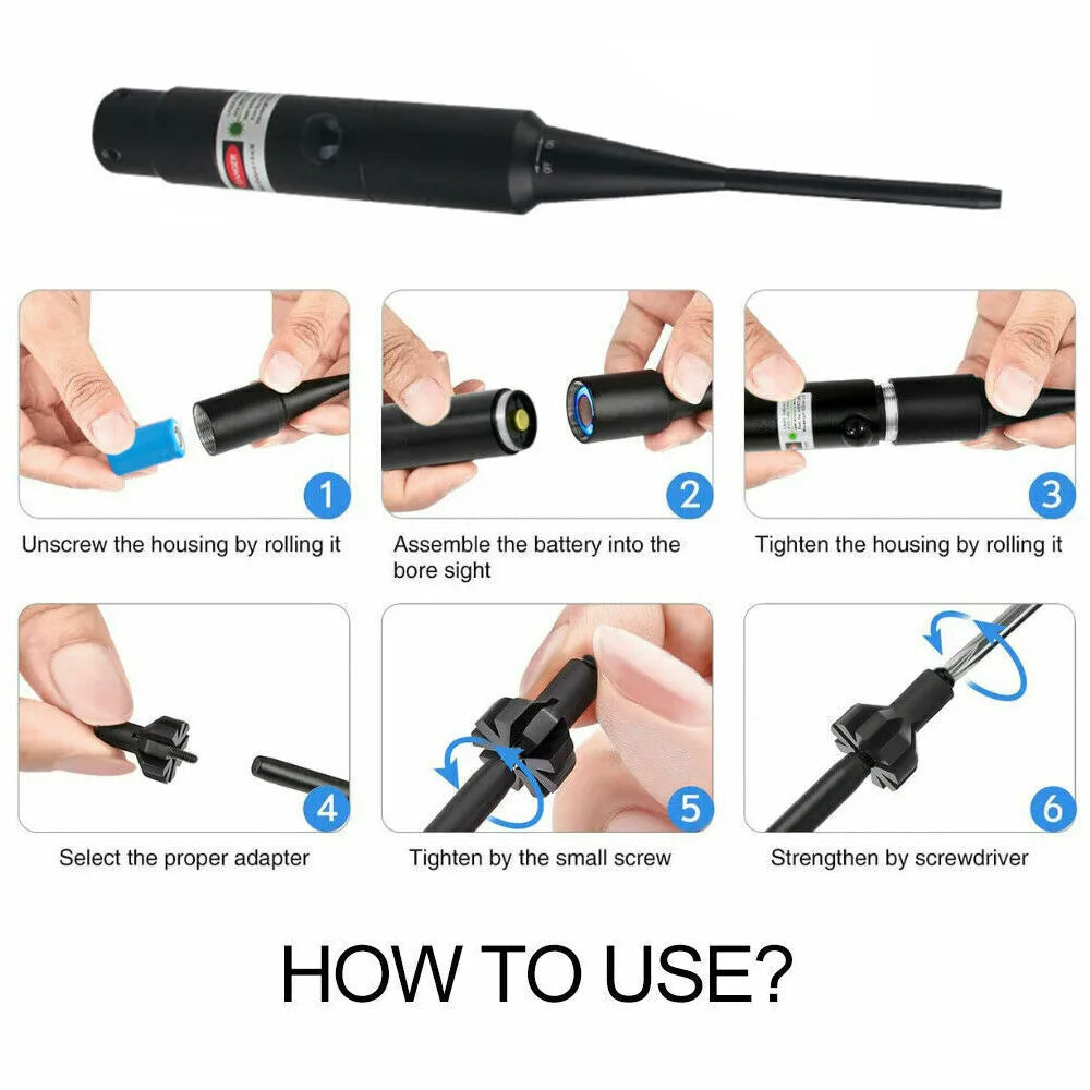 Red Laser Bore Sight Kit  /  For.17 To 12GA Caliber Rifles & Pistols  /  With Big Button Switch /  16 Adapters And Arbors Included /  Adjustable