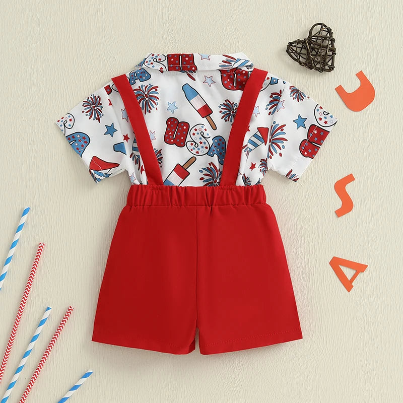 Infant-Toddler Boys / Independence Day   /  Short Sleeve Bowtie Romper & Suspender Shorts Set  /  Infant Clothing for 4th of July